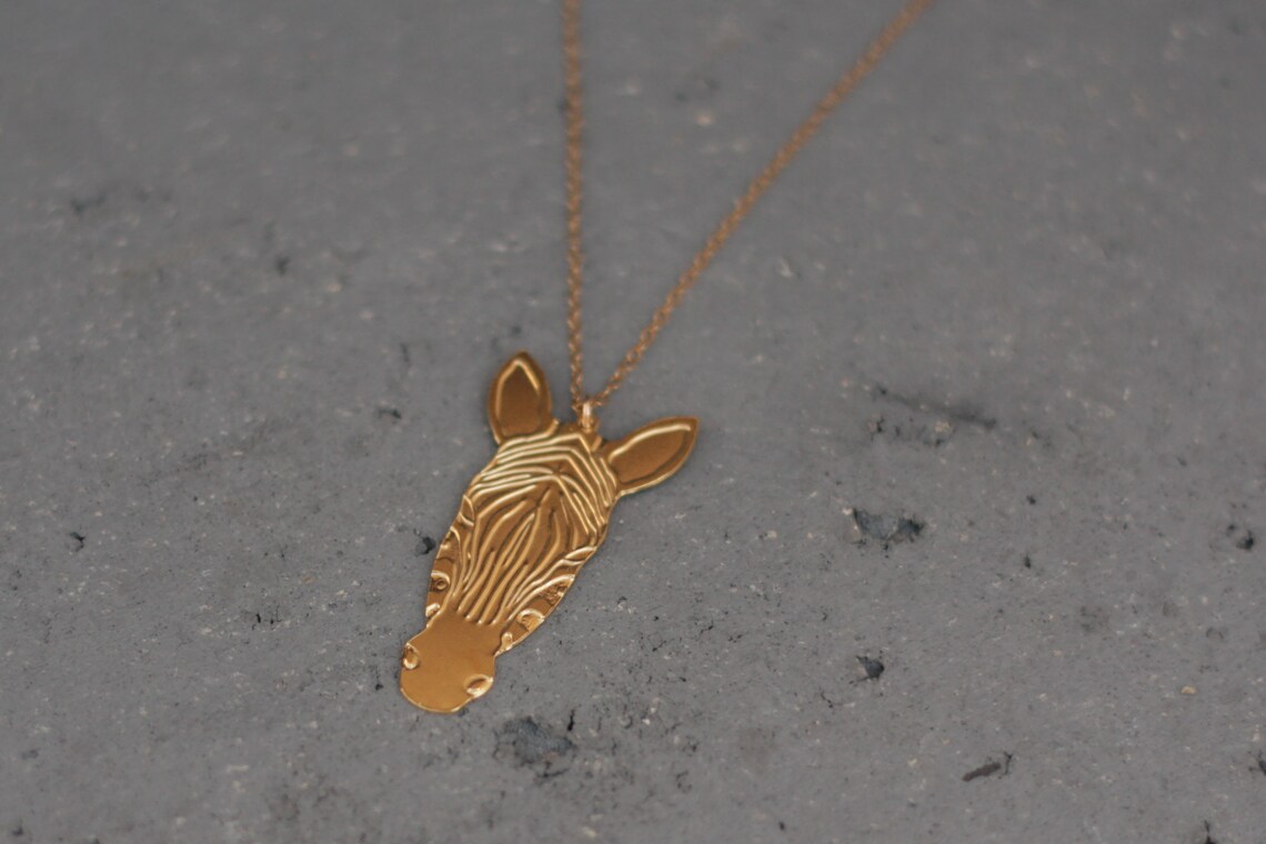 Gold Zebra Head Necklace Striped Zebra Pendant Animal Etsy