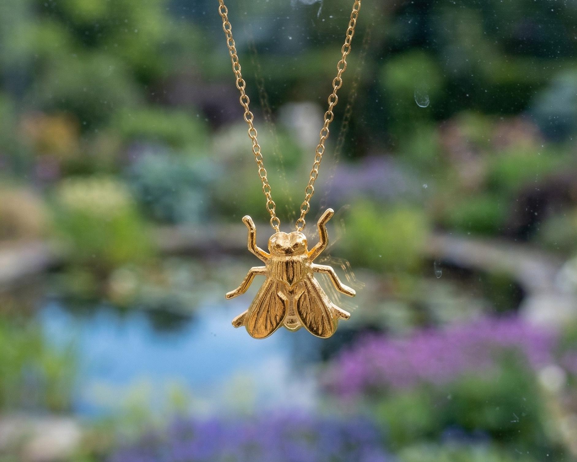 Flying Insect Pendent Gold Fly Necklace, Tiny Fly Charm, Insect Jewelry, Insect Necklace, Bug ...