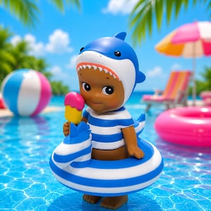 Op de afbeelding: Een klein figuurtje met een blauw-witte haaienkap, een blauw-wit gestreept shirt en een blauw-wit gestreepte zwemband in de vorm van een zebra. Het figuurtje houdt een geel met roze ijsje vast terwijl het in het blauwe water staat.