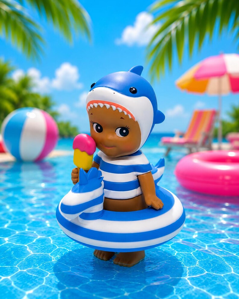 Op de afbeelding: Een klein figuurtje met een blauw-witte haaienkap, een blauw-wit gestreept shirt en een blauw-wit gestreepte zwemband in de vorm van een zebra. Het figuurtje houdt een geel met roze ijsje vast terwijl het in het blauwe water staat.