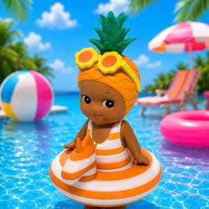 Op de afbeelding: Een klein kinderfiguurtje met een ananasvormige hoed met groene bladeren en een gele zonnebril in de vorm van bloemen. Het figuurtje draagt een wit met oranje gestreept badpak en zit in een oranje met wit gestreepte opblaasbare zwemband.