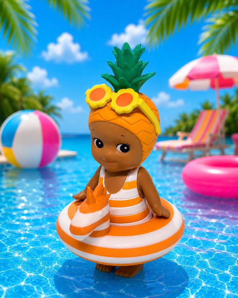 Op de afbeelding: Een klein kinderfiguurtje met een ananasvormige hoed met groene bladeren en een gele zonnebril in de vorm van bloemen. Het figuurtje draagt een wit met oranje gestreept badpak en zit in een oranje met wit gestreepte opblaasbare zwemband.