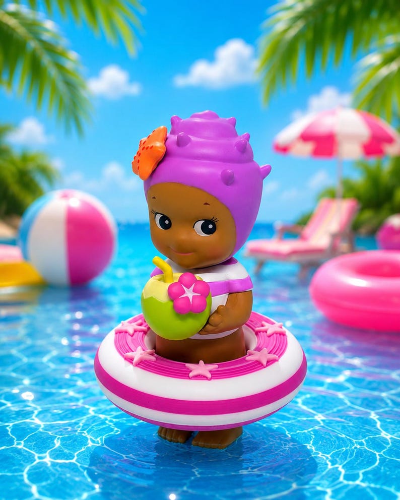 Op de afbeelding: Een klein figuurtje met een donkere huid draagt een paarse, schelpvormige hoed versierd met een oranje zeester. Het figuurtje draagt een wit en paars gestreept shirt en zit in een roze en wit gestreepte zwemband met een groene kokosnoot.