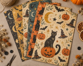 May include: A set of five rectangular sheets of paper featuring a Halloween-themed pattern with black cats, orange pumpkins, witch hats, crescent moons, stars, and bats. The text on the bottom reads: PRINTED 11x17 SHEETS - OR DIGITAL.