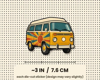 May include: A die-cut sticker featuring a yellow van with a sunburst graphic on the side. The van has a white roof, round headlights, and black tires. Text reads ACTUAL SIZE, ~3 IN / 7.6 CM, and each die-cut sticker (design may vary slightly).