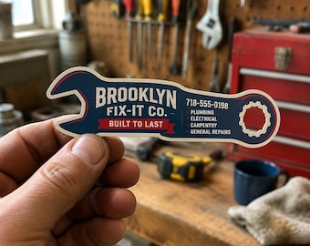 May include: A die-cut sticker shaped like a wrench in navy blue, white, and red. It features the text BROOKLYN FIX-IT CO., BUILT TO LAST, 718-555-0198, and a list of services including plumbing, electrical, carpentry, and general repairs.
