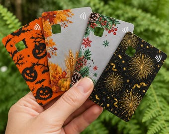Seasonal Card Skin Pack, Set of 4 Debit Credit Card Stickers, Halloween Thanksgiving Christmas New Year, Vinyl Decal Wrap