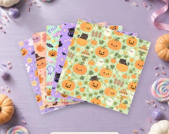 May include: A set of five square patterned paper sheets featuring Halloween themes with pumpkins, black cats, ghosts, scarecrows, and candy on purple, orange, mint green, and light purple backgrounds. The text reads PRINTED 8x8 SHEETS — OR DIGITAL.