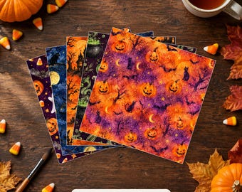 May include: A set of square sheets featuring Halloween-themed patterns with pumpkins, black cats, bats, moons, and haunted houses in orange, purple, and black. The text PRINTED 8x8 SHEETS — OR DIGITAL is visible at the bottom of the image.