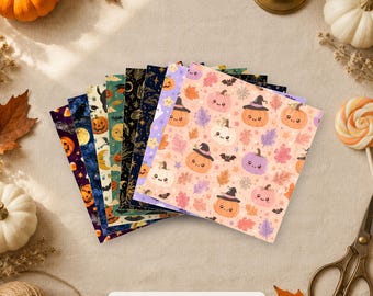 May include: A collection of square paper sheets featuring various Halloween-themed patterns including smiling pumpkins, bats, stars, moons, and autumn leaves in shades of orange, purple, black, and cream. The text reads: TRY ALL 4 STYLES PRINTED OR DIGITAL.
