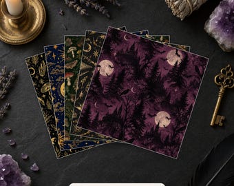 May include: A set of square paper sheets featuring dark, mystical patterns including purple forests with bats and moons, gold celestial motifs on navy, and green botanical designs with mushrooms. The text reads PRINTED 8x8 SHEETS — OR DIGITAL.