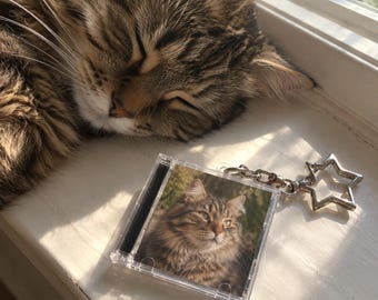 May include: A square, clear plastic keychain featuring a miniature CD case design. The insert displays a photograph of a brown tabby cat. The keychain is attached to a silver-toned metal star-shaped clasp, resting near a sleeping tabby cat.