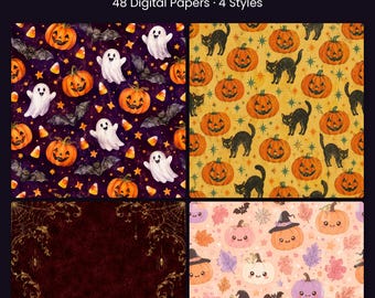 May include: A Halloween Mega Bundle digital paper set featuring 48 designs in 4 styles. Patterns include ghosts, bats, pumpkins, and candy corn on dark purple, orange, and light pink backgrounds, plus a dark red textured design with gold spiderwebs.