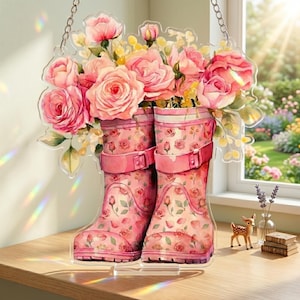 Rosa Regen Stiefel Acryl Suncatcher, Rosenstrauß Fensterschmuck, Blumengarten Stiefel Acrylverzierung, Cottagecore Regenbogenmacher Geschenk