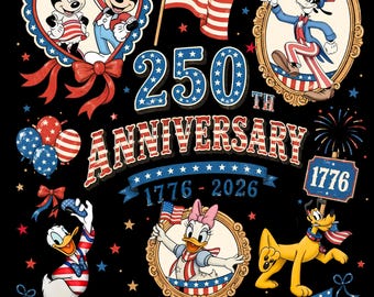 Mickey y sus amigos 250 aniversario de Estados Unidos PNG, firma del 250 aniversario de Disney en Estados Unidos PNG, diseño de sublimación para vacaciones familiares del 4 de julio