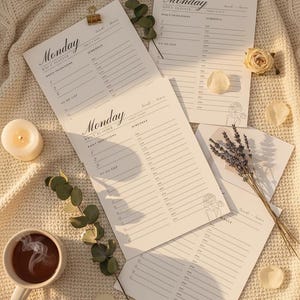 May include: A collection of beige daily planners with the word "Monday" at the top, along with a cup of coffee, a lit candle, and decorative sprigs. The planners have sections for daily intentions, to-do lists, and schedules.