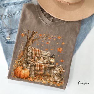 Peut inclure: Un t-shirt marron orné d'un motif représentant deux chatons tigrés, un banc en bois avec une couverture à carreaux, une lanterne allumée et une citrouille orange sous un arbre aux feuilles d'automne. Présenté avec un chapeau beige et un collier.
