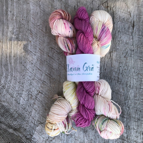 Hand-dyed Sock Yarn – Sock Set with white, pink, green, and multi-colored speckles