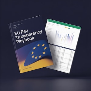 May include: A hardcover book titled "EU Pay Transparency Playbook" with the EU flag design on the cover, next to an open document displaying charts and data. The book has a navy blue cover with yellow and gold accents.