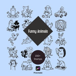 May include: A collection of black and white cartoon animal illustrations, such as a frog meditating, a pig with a bird, and a sheep knitting. The image features the text "Funny Animals" and "150+ Stamps".