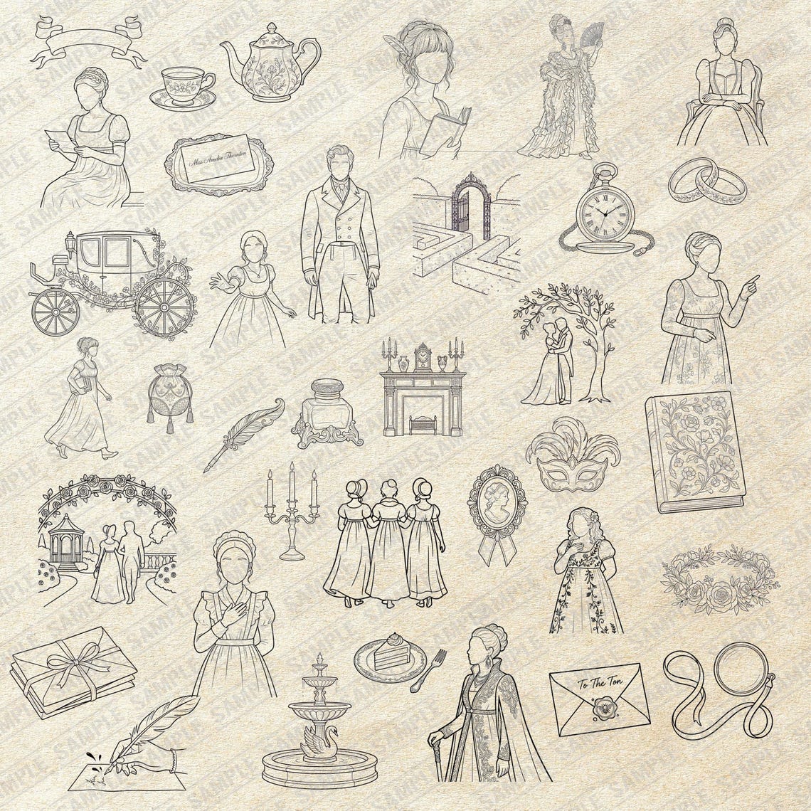 Regency Pattern Svg Bridgerton SVG PNG Clipart | Regency Era Line Art Bundle (digital ...