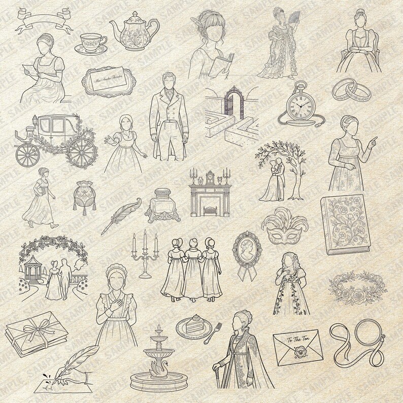 Regency Line Drawing Bridgerton SVG PNG Clipart | Regency Era Line Art Bundle (digital ...
