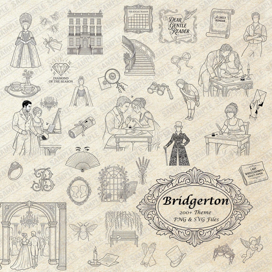 Regency Pattern Svg Bridgerton SVG PNG Clipart | Regency Era Line Art Bundle (digital ...