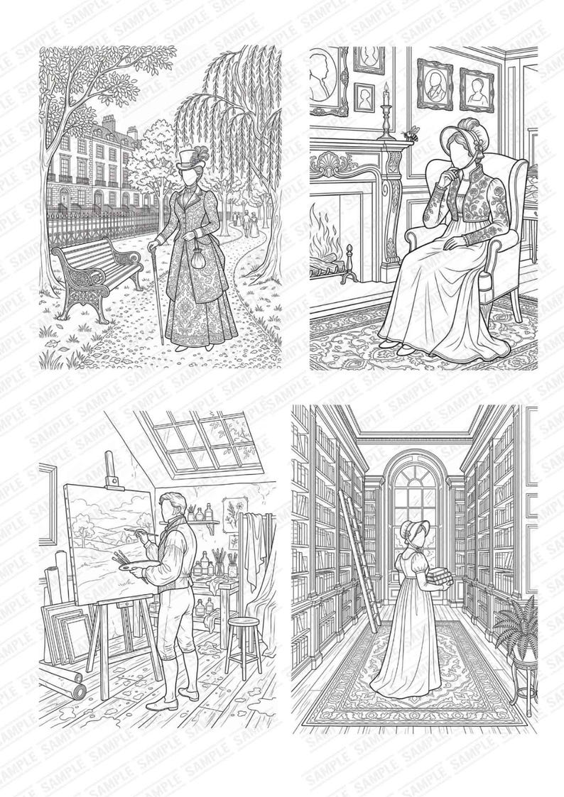 Regency Line Drawing Bridgerton Inspired Coloring Pages | Regency Romance Scenes (digital ...