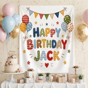 Plaid Birthday Backdrop, Custom Name Tapestry, Gingham Balloon Banner, Country Rustic Party Sign, Colorful Patchwork Decor, Kids Bday Wall