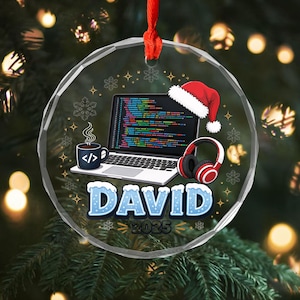 Aesthetic Coder Glass Ornament, Custom Programmer Name Laptop Screen Disc, Elegant Techie Keepsake, Modern Computer Science Office Decor