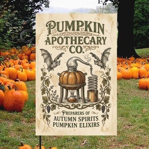 Drapeau de jardin « Apothicaire citrouille », bannière extérieure « Élixir de sorcière d'Halloween », décoration de jardin automnale vintage « Chauve-souris effrayante », drapeau de maison saisonnier