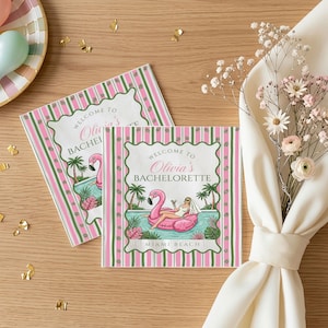 May include: Two square paper napkins with a pink and green striped border. The napkins feature the text "Welcome to Olivia's Bachelorette" with a flamingo float illustration and the words "Miami Beach".