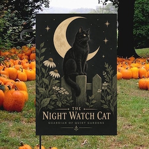Tuinvlag met zwarte kat en halve maan, Nachtwacht kattenbanner voor buiten, griezelige tuindecoratie, Halloween pompoenveld decoratie