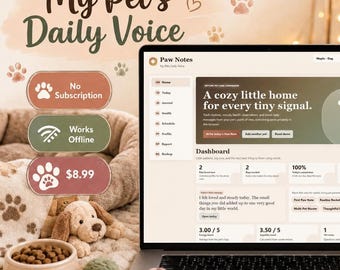 Pet Care Journal App, Pet Tracker, Moods, Health, Routines (Offline Digital Download)