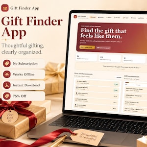 May include: A laptop screen displaying the Gift Finder App interface with a dashboard featuring a gradient banner, gift tracking lists, and upcoming event reminders. The text includes 'Find the gift that feels like them' and 'Thoughtful gifting, clearly organised' alongside feature labels like 'No Subscription' and 'Instant Download'.