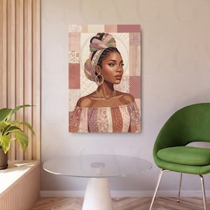 May include: A framed art print featuring a portrait of a woman with a head wrap and off-the-shoulder top. The artwork has a patchwork background in shades of pink and beige. The woman is wearing gold hoop earrings and a necklace.