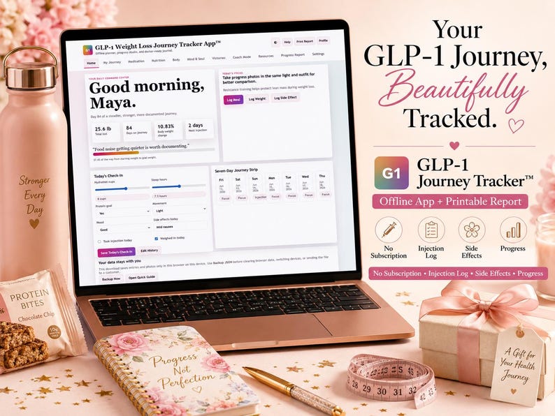 GLP-1 Weight Loss Journey Tracker app home dashboard shown on a laptop with progress stats, daily check-in, goal progress, and wellness gift styling.