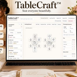 May include: A laptop displays the TableCraft™ seating chart software, with the tagline "Seat everyone beautifully." The screen shows a seating board and guest list. The image includes text: "Interactive HTML App," "Drag + Drop Guests," "No Spreadsheets," and "Save Hours of Rework."