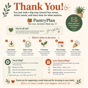 K&ouml;nnte beinhalten: Eine digitale Anleitungskarte mit dem Titel Thank You f&uuml;r PantryPlan, die eine f&uuml;nfstufige Anleitung zum Herunterladen, Kopieren, Anpassen, Planen und Genie&szlig;en der Essensplanung enth&auml;lt. Das Design zeigt gr&uuml;ne Blattsymbole, Herzen und Text.