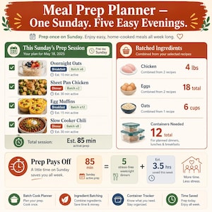 Meal Prep Planner showing Sunday batch cook session with four selected recipes batched ingredient quantities container count and prep pays off time saved calculation