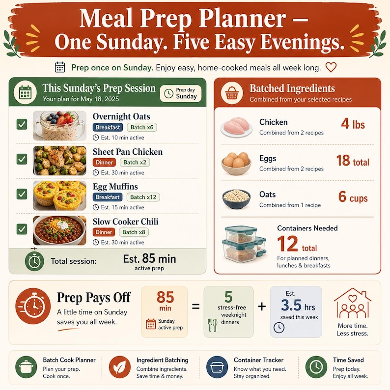 Meal Prep Planner showing Sunday batch cook session with four selected recipes batched ingredient quantities container count and prep pays off time saved calculation