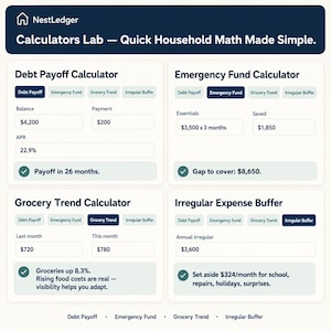 Calculators Lab showing four household calculator panels for debt payoff emergency fund grocery trend and irregular expense buffer with input fields and result boxes
