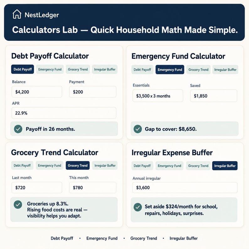 Calculators Lab showing four household calculator panels for debt payoff emergency fund grocery trend and irregular expense buffer with input fields and result boxes