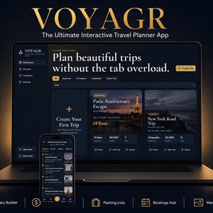 May include: A laptop and smartphone showcase the VOYAGR travel planner app. The app's interface is dark with gold accents, displaying trip planning features. The text reads "Plan beautiful trips without the tab overload."
