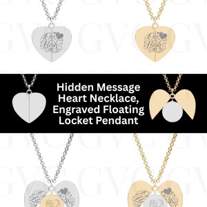 May include: A collection of heart-shaped necklaces in silver and gold. Some necklaces have the words "One Flesh" engraved on them. Other necklaces have a hidden message and open to reveal a photo. The text "Hidden Message Heart Necklace, Engraved Floating Locket Pendant" is also visible.