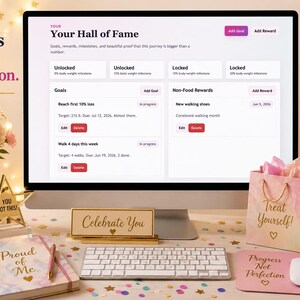 GLP-1 Victories page displayed on a monitor with goals, rewards, milestone cards, non-food celebrations, and cheerful wellness celebration decor.