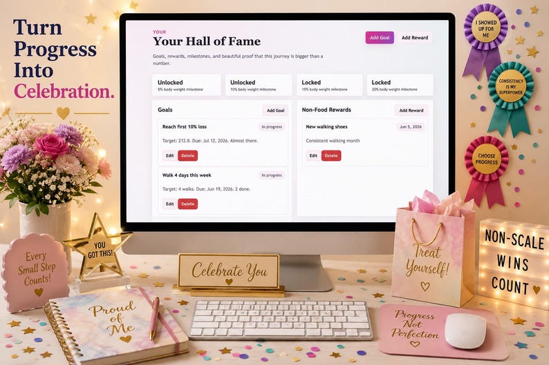 GLP-1 Victories page displayed on a monitor with goals, rewards, milestone cards, non-food celebrations, and cheerful wellness celebration decor.