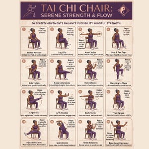 May include: A purple and white instructional chart titled "Tai Chi Chair: Serene Strength & Flow." The chart illustrates 16 seated movements for balance, flexibility, and mindful strength. Each movement is depicted with a woman in purple activewear.