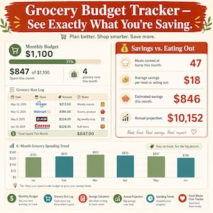 Grocery Budget Tracker showing monthly budget progress bar grocery run log table savings vs eating out calculator with $846 monthly savings estimate and 6-month spending trend chart