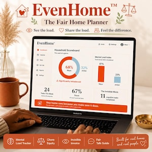 May include: A laptop displaying the EvenHome household management dashboard, featuring a scoreboard with a 68% to 32% labor split, a mental load index bar chart, and task statistics. The interface includes text labels like See the load, Share the load, and Feel the difference.